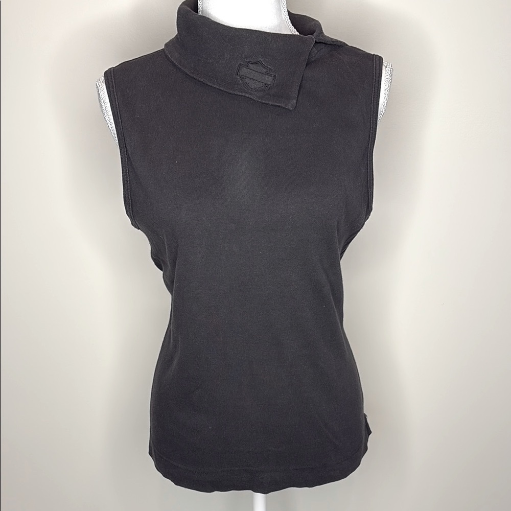 Vintage Harley Davidson Black Sleeveless Split Collar Top. XL